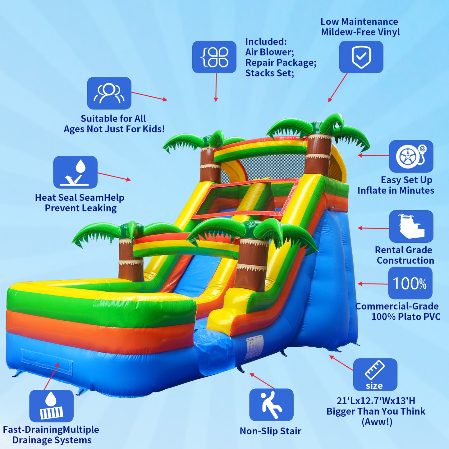 21' x 12' x 14' Wet/Dry Tropical Oasis Commercial Inflatable Water Slide #11186